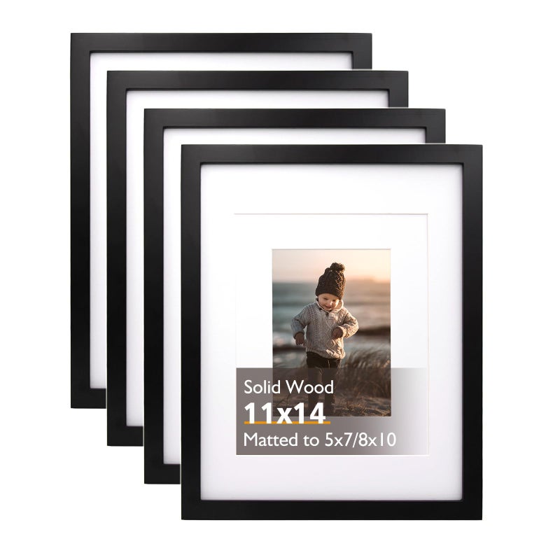 KINLINK 11x14 Picture Frame Black, Solid Wood Frames with Acrylic Plexiglass for Pictures 5x7/8x10 with Mat or 11x14 without Mat, Tabletop and Wall Display, Set of 4 - Image 1